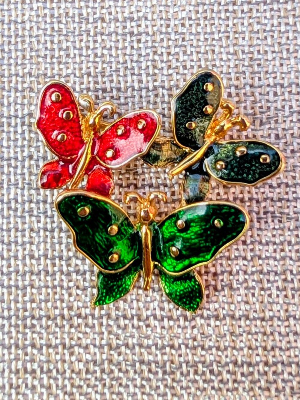 Vintage 3 Enamel Butterfly Brooch Pin Colorful Red, Green & Blue Gold Tone